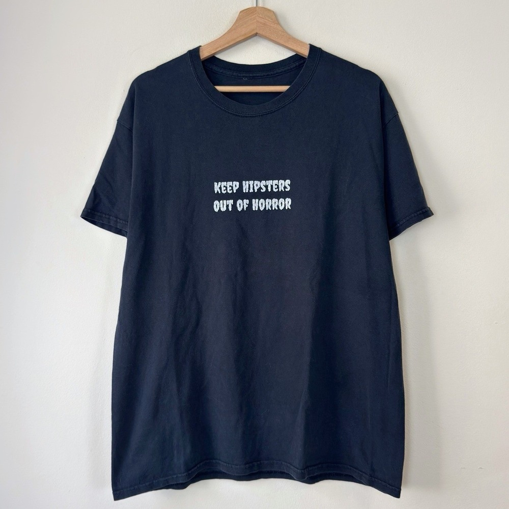 Vintage Keep Hipsters Out Of Horror Movie Funny Quote Black Tee Shirt - Large